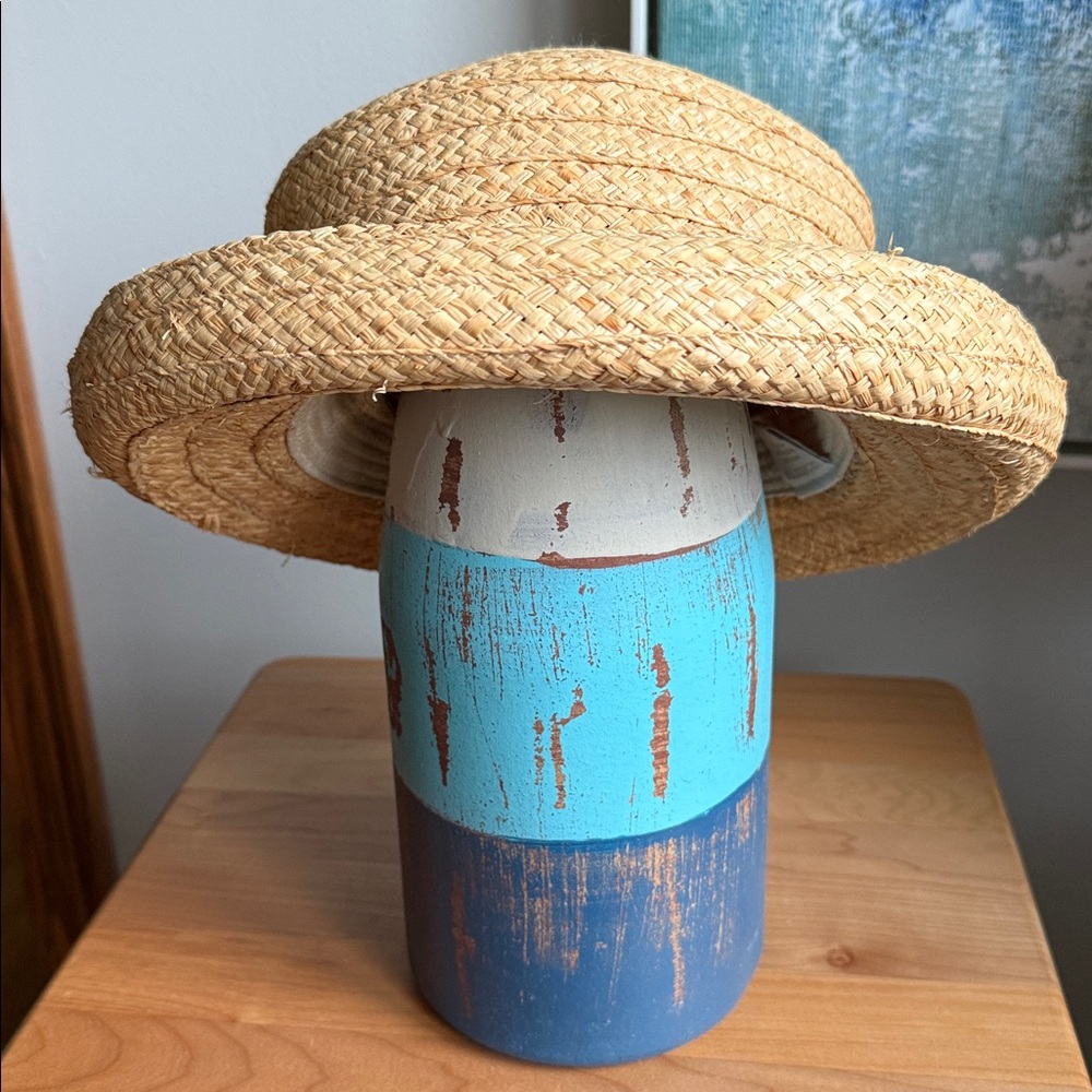 Vintage Liz Claiborne Straw Bowler Rolled Brim Hat Tan With Metal LC Brand Tag - Picture 6 of 17